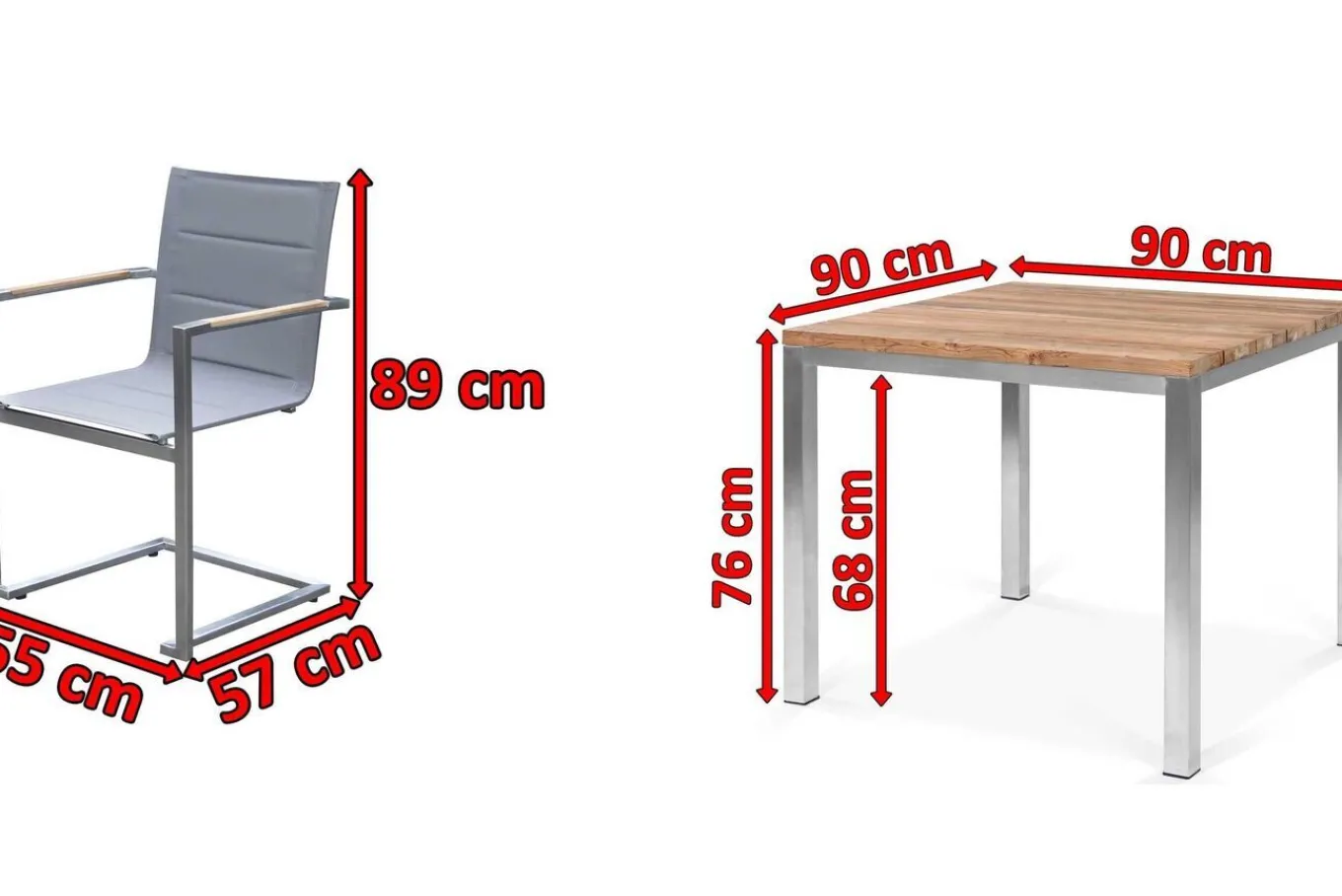 Clearance Garten-Essgruppe, Edelstahl/recyceltes Teak, Tisch 90 x 90 cm, 4 Freischwinger padded, silber, FSC®-zertifiziertes Produkt Garten-Essgruppen