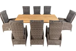 New Garten-Essgruppe, Edelstahl/recyceltes Teak, Tisch 220x100 cm, 8 Hochlehner- Diningsessel, A-Gestell, FSC®-zertifiziertes Produkt Polyrattan-Gartenmöbel|Edelstahl-Gartenmöbel