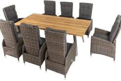 New Garten-Essgruppe, Edelstahl/recyceltes Teak, Tisch 220x100 cm, 8 Hochlehner- Diningsessel, A-Gestell, FSC®-zertifiziertes Produkt Polyrattan-Gartenmöbel|Edelstahl-Gartenmöbel