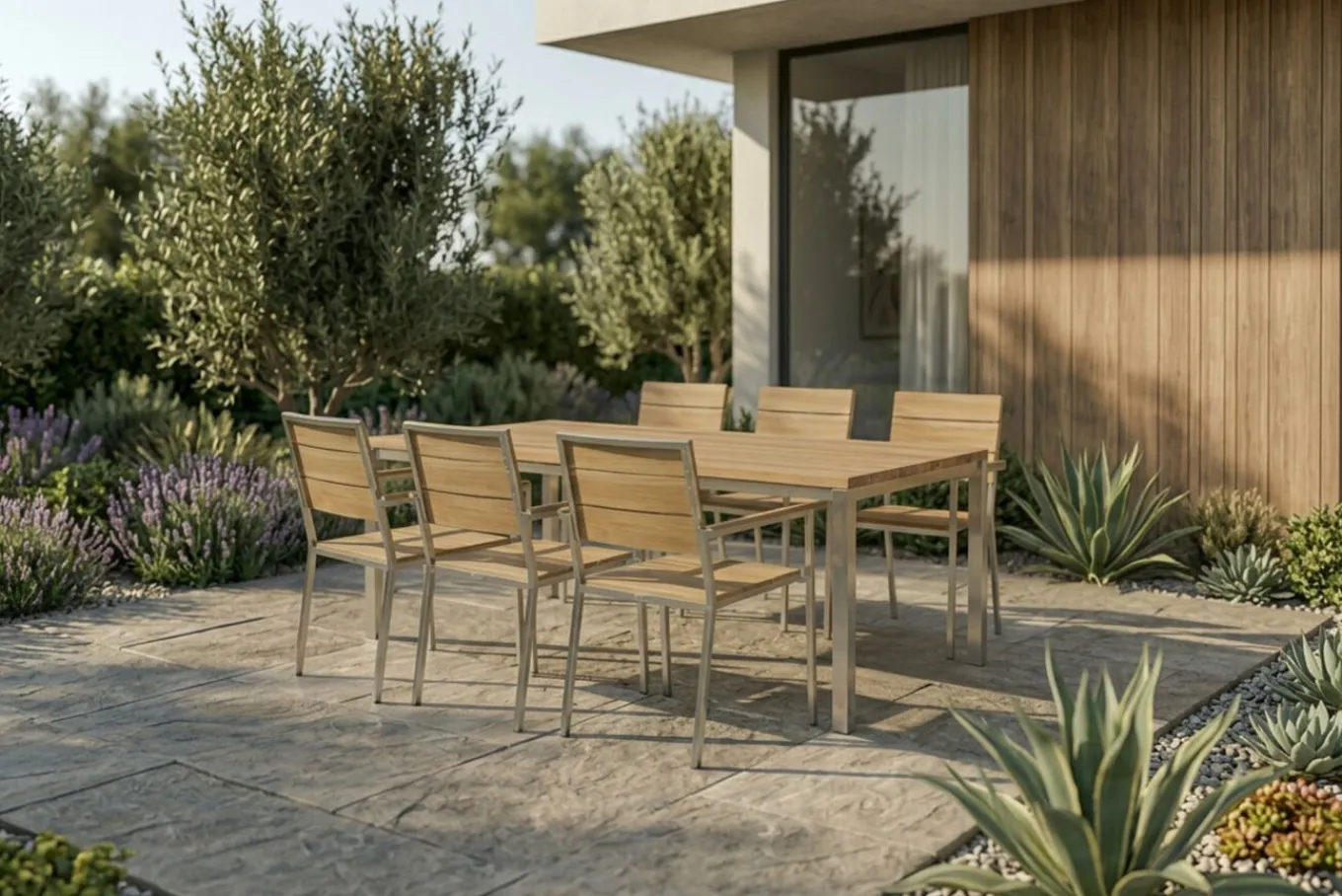 Clearance Garten-Essgruppe, Edelstahl/Teak, Tisch 200 x 100 cm, 6 Stapelsessel, FSC®-zertifiziertes Produkt Garten-Essgruppen