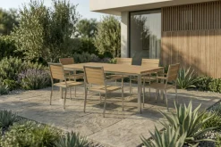 Clearance Garten-Essgruppe, Edelstahl/Teak, Tisch 200 x 100 cm, 6 Stapelsessel, FSC®-zertifiziertes Produkt Garten-Essgruppen