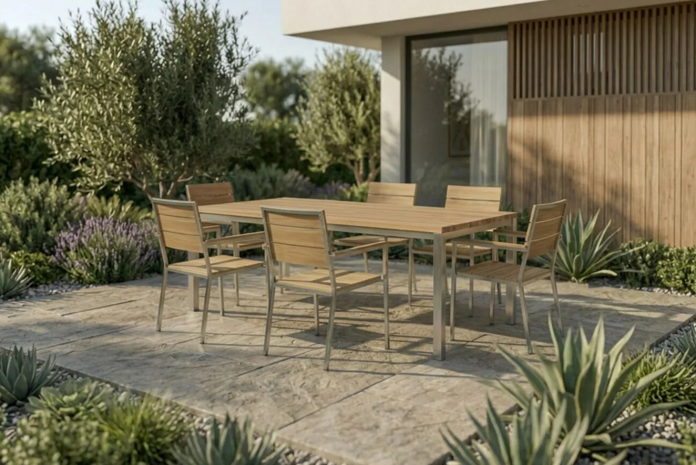 Clearance Garten-Essgruppe, Edelstahl/Teak, Tisch 200 x 100 cm, 6 Stapelsessel, FSC®-zertifiziertes Produkt Garten-Essgruppen