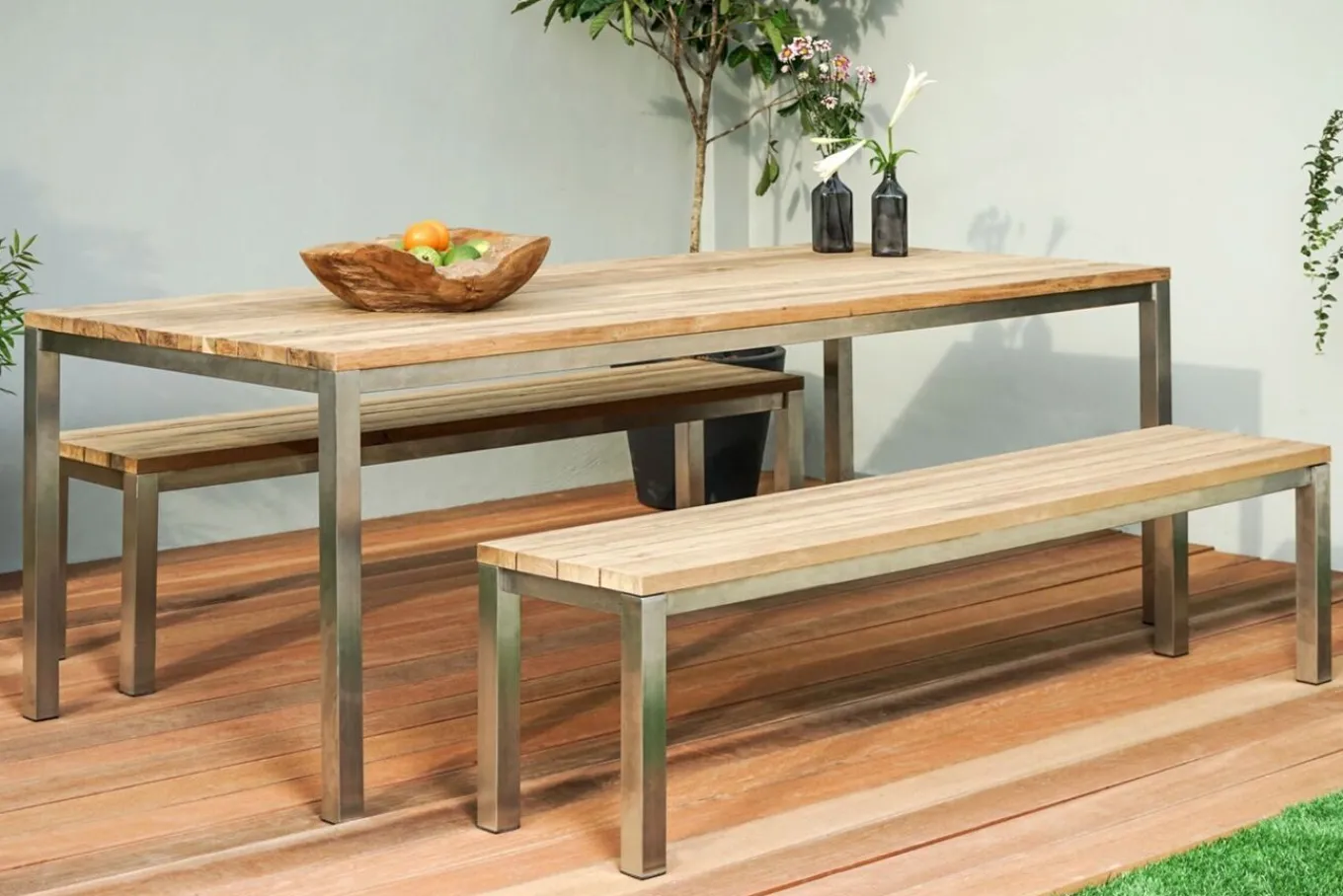 Clearance Garten-Essgruppe, Edelstahl/recyceltes Teak, Tisch 180x90 cm, 2 Bänke, FSC®-zertifiziertes Produkt Garten-Essgruppen