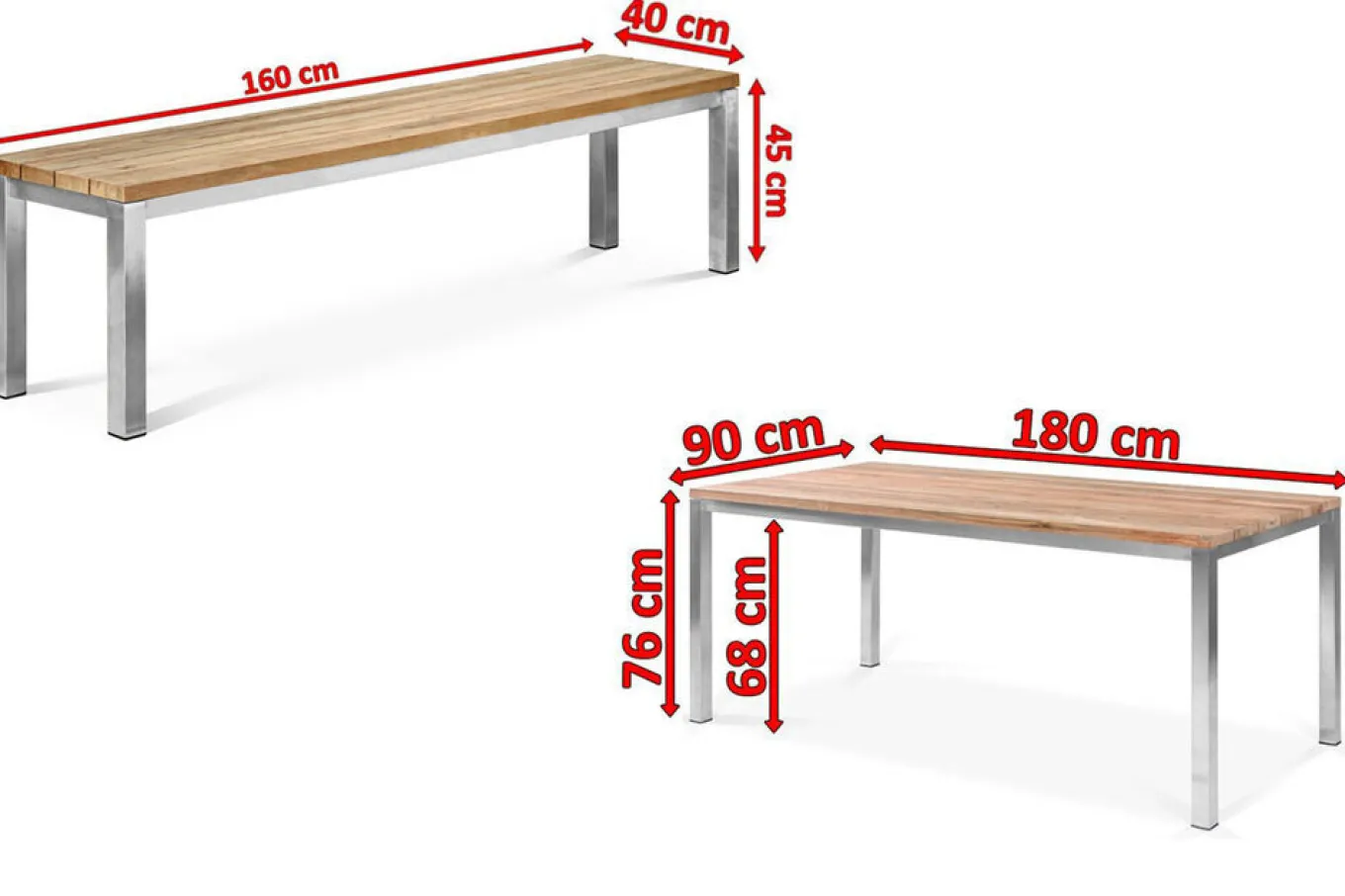 Clearance Garten-Essgruppe, Edelstahl/recyceltes Teak, Tisch 180x90 cm, 2 Bänke, FSC®-zertifiziertes Produkt Garten-Essgruppen