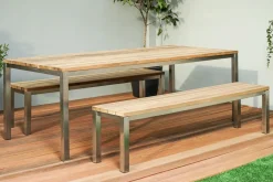 Clearance Garten-Essgruppe, Edelstahl/recyceltes Teak, Tisch 180x90 cm, 2 Bänke, FSC®-zertifiziertes Produkt Garten-Essgruppen