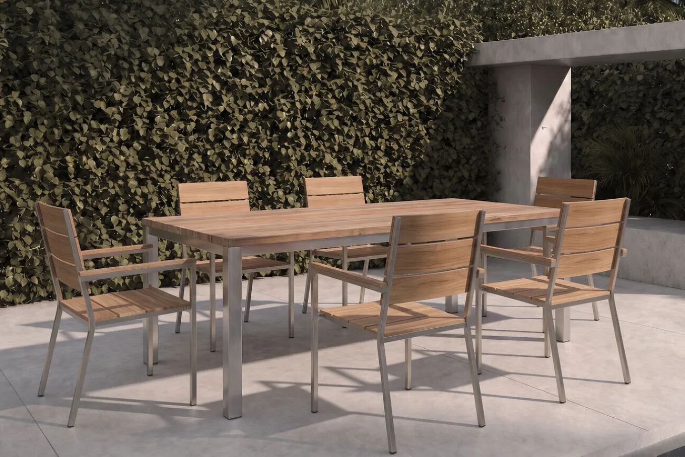 Sale Garten-Essgruppe, Edelstahl/recyceltes Teak, Tisch 180 x 90 cm, 6 Stapelsessel, FSC®-zertifiziertes Produkt Garten-Essgruppen|Edelstahl-Gartenmöbel