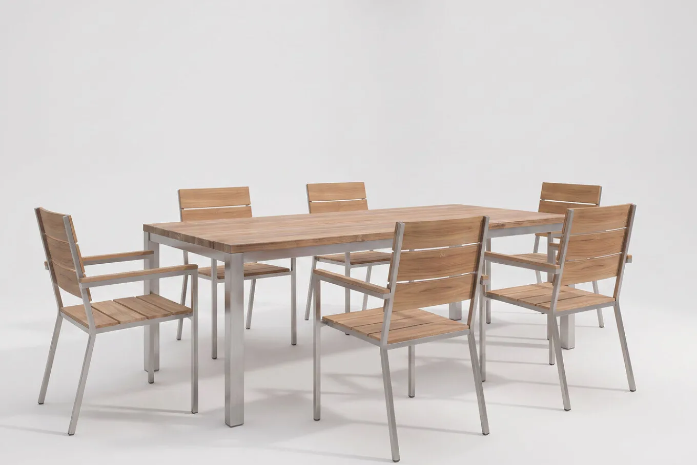Sale Garten-Essgruppe, Edelstahl/recyceltes Teak, Tisch 180 x 90 cm, 6 Stapelsessel, FSC®-zertifiziertes Produkt Garten-Essgruppen|Edelstahl-Gartenmöbel