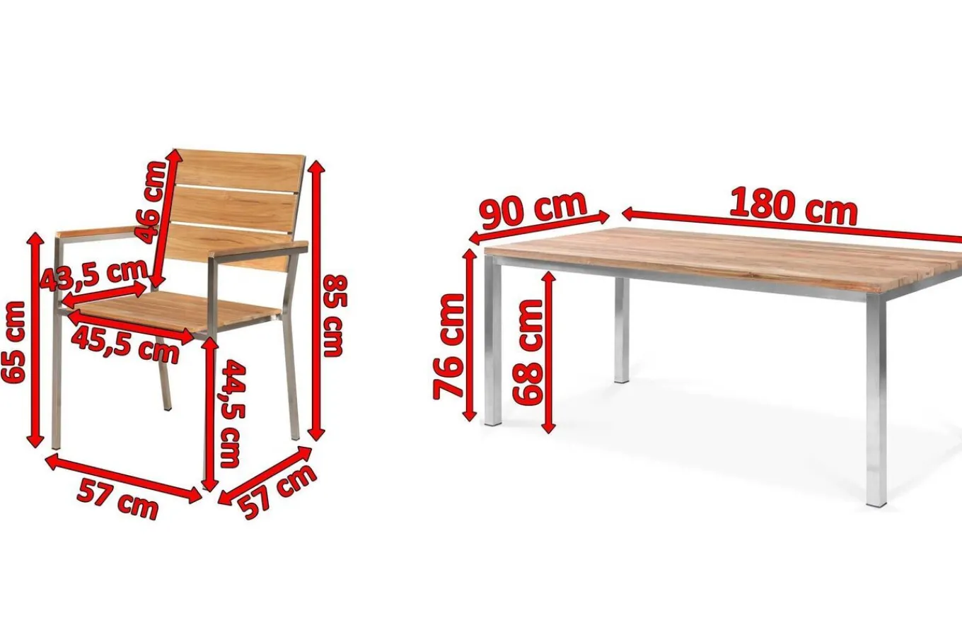 Sale Garten-Essgruppe, Edelstahl/recyceltes Teak, Tisch 180 x 90 cm, 6 Stapelsessel, FSC®-zertifiziertes Produkt Garten-Essgruppen|Edelstahl-Gartenmöbel