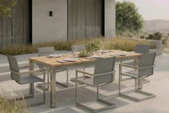 Best Garten-Essgruppe, Edelstahl/Teak, 220/340 x 100 cm, 6 Freischwinger, silber, Tischplattedicke 3cm, FSC®-zertifiziertes Produkt Garten-Essgruppen|Edelstahl-Gartenmöbel