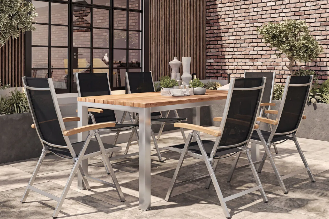 New Garten-Essgruppe, Edelstahl / Teak, Tisch 200 x 100 cm, 6 Klappstühle, schwarz Garten-Essgruppen|Edelstahl-Gartenmöbel