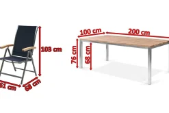 New Garten-Essgruppe, Edelstahl / Teak, Tisch 200 x 100 cm, 6 Klappstühle, schwarz Garten-Essgruppen|Edelstahl-Gartenmöbel