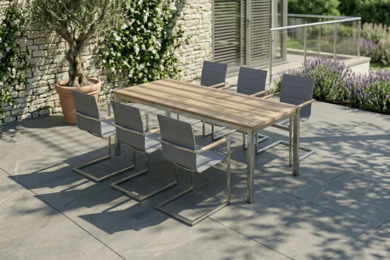 Clearance Garten-Essgruppe, Edelstahl/recyceltes Teak, Tisch 180 x 90 cm, 6 Freischwinger padded, silber, FSC®-zertifiziertes Produkt Garten-Essgruppen