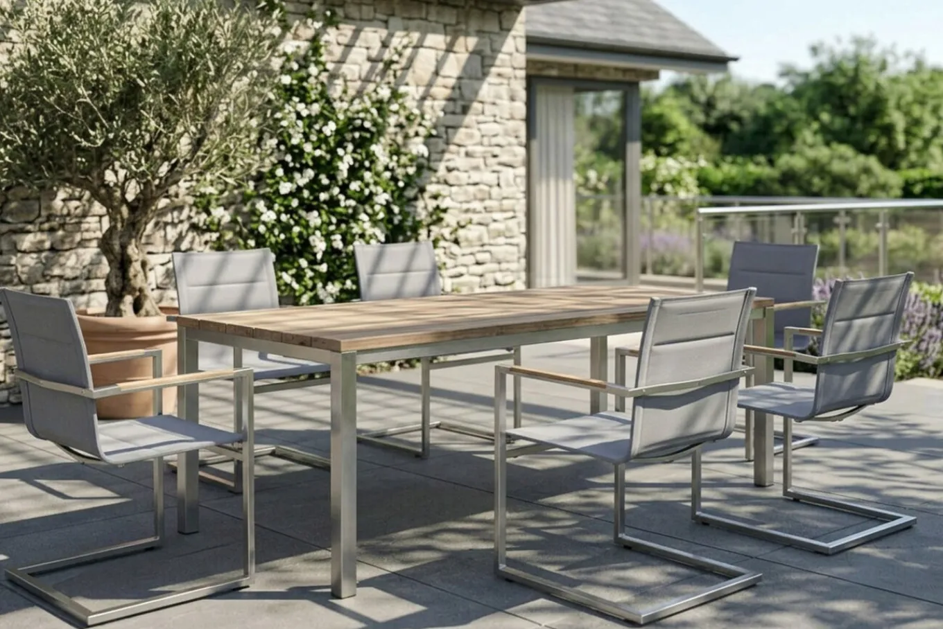 Clearance Garten-Essgruppe, Edelstahl/recyceltes Teak, Tisch 180 x 90 cm, 6 Freischwinger padded, silber, FSC®-zertifiziertes Produkt Garten-Essgruppen