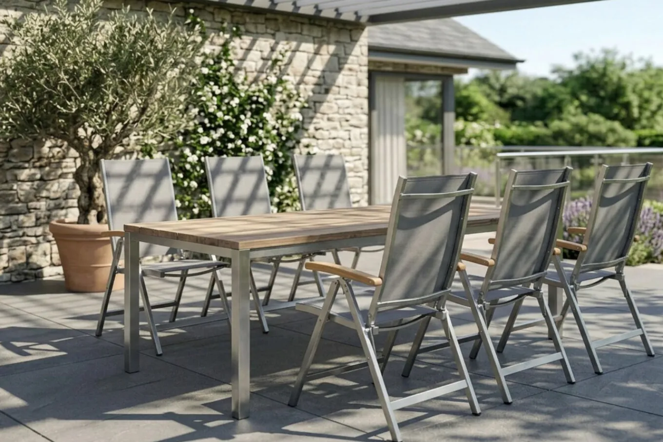 Hot Garten-Essgruppe, Edelstahl/recyceltes Teak, Tisch 180 x 90 cm, 6 Klappstühle, silber, FSC®-zertifiziertes Produkt Garten-Essgruppen|Edelstahl-Gartenmöbel