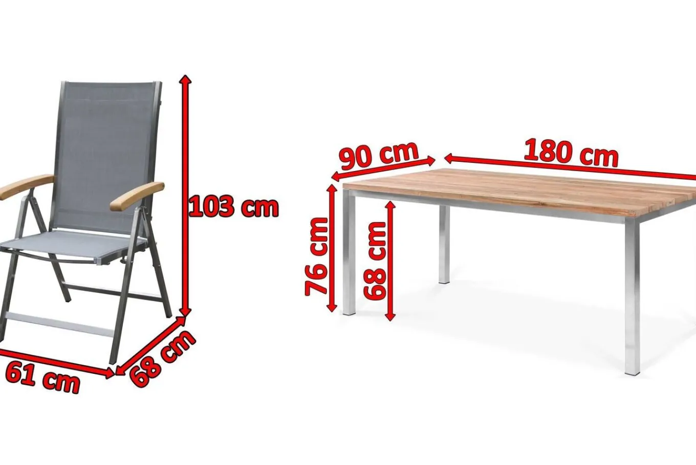 Hot Garten-Essgruppe, Edelstahl/recyceltes Teak, Tisch 180 x 90 cm, 6 Klappstühle, silber, FSC®-zertifiziertes Produkt Garten-Essgruppen|Edelstahl-Gartenmöbel