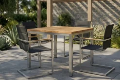 Best Garten-Essgruppe, Edelstahl/recyceltes Teak, Tisch 90 x 90 cm, 4 Freischwinger padded, schwarz, FSC®-zertifiziertes Produkt Garten-Essgruppen