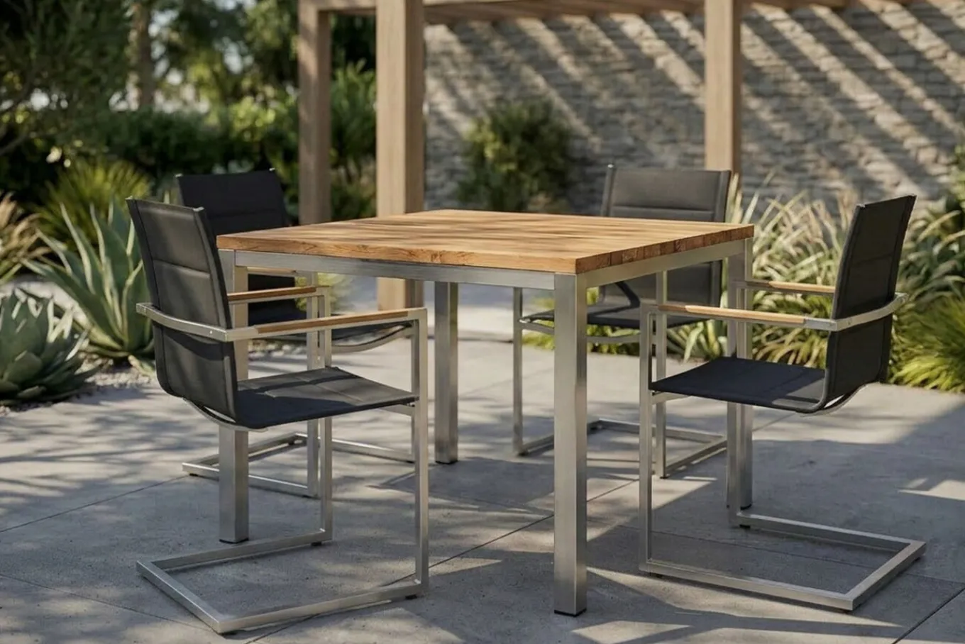 Best Garten-Essgruppe, Edelstahl/recyceltes Teak, Tisch 90 x 90 cm, 4 Freischwinger padded, schwarz, FSC®-zertifiziertes Produkt Garten-Essgruppen