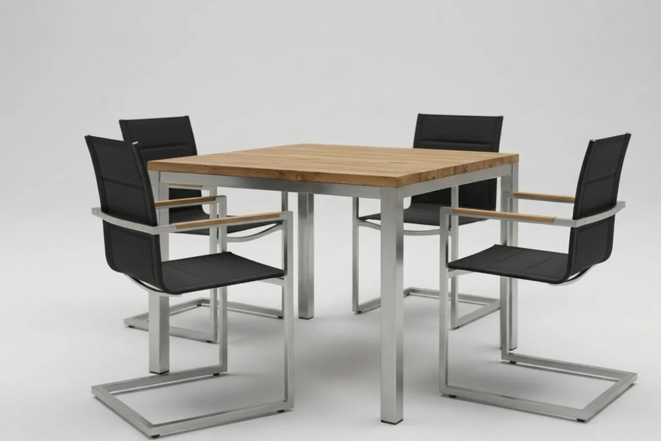 Best Garten-Essgruppe, Edelstahl/recyceltes Teak, Tisch 90 x 90 cm, 4 Freischwinger padded, schwarz, FSC®-zertifiziertes Produkt Garten-Essgruppen