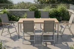 Hot Garten-Essgruppe, Edelstahl / Teak, Tisch 200 x 100 cm, 6 Klappstühle, silber Garten-Essgruppen
