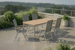 Hot Garten-Essgruppe, Edelstahl / Teak, Tisch 200 x 100 cm, 6 Klappstühle, silber Garten-Essgruppen