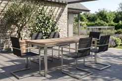 Garten-Essgruppe, Edelstahl/recyceltes Teak, Tisch 180 x 90 cm, 6 Freischwinger padded, schwarz, FSC®-zertifiziertes Produkt Garten-Essgruppen