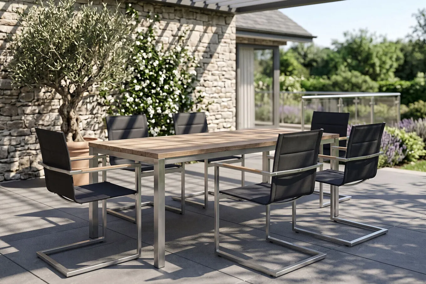 Garten-Essgruppe, Edelstahl/recyceltes Teak, Tisch 180 x 90 cm, 6 Freischwinger padded, schwarz, FSC®-zertifiziertes Produkt Garten-Essgruppen