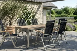 Hot Garten-Essgruppe, Edelstahl/recyceltes Teak, Tisch 180 x 90 cm, 6 Klappstühle, schwarz, FSC®-zertifiziertes Produkt Garten-Essgruppen