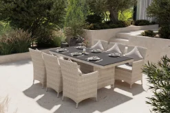 Outlet Garten-Essgruppe für 6 Personen, desert-beige, Alu/Polyrattan, Esstisch 200x95 cm Polyrattan-Gartenmöbel|Aluminium-Gartenmöbel