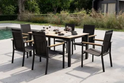 Clearance Garten-Essgruppe für 6 Pesonen, anthrazit matt, Alu/Textilene, Tisch 180/240 x 100 cm, stapelbare Sessel, FSC®-zertifizertes Produkt Garten-Essgruppen|Aluminium-Gartenmöbel