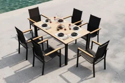 Clearance Garten-Essgruppe für 6 Pesonen, anthrazit matt, Alu/Textilene, Tisch 180/240 x 100 cm, stapelbare Sessel, FSC®-zertifizertes Produkt Garten-Essgruppen|Aluminium-Gartenmöbel
