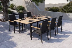 Clearance Garten-Essgruppe für 6 Pesonen, anthrazit matt, Alu/Textilene, Tisch 180/240 x 100 cm, stapelbare Sessel, FSC®-zertifizertes Produkt Garten-Essgruppen|Aluminium-Gartenmöbel