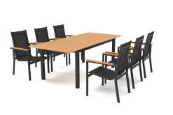 Clearance Garten-Essgruppe für 6 Pesonen, anthrazit matt, Alu/Textilene, Tisch 180/240 x 100 cm, stapelbare Sessel, FSC®-zertifizertes Produkt Garten-Essgruppen|Aluminium-Gartenmöbel