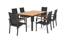 Clearance Garten-Essgruppe für 6 Pesonen, anthrazit matt, Alu/Textilene, Tisch 180/240 x 100 cm, stapelbare Sessel, FSC®-zertifizertes Produkt Garten-Essgruppen|Aluminium-Gartenmöbel