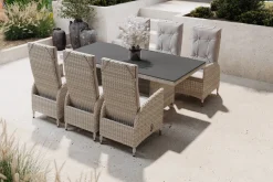 Outlet Garten-Essgruppe für 6 Personen, desert-beige, Alu/Polyrattan, Esstisch 200x 95 cm, verstellbare Diningsessel Polyrattan-Gartenmöbel|Garten-Essgruppen