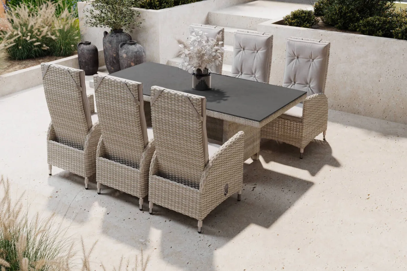 Outlet Garten-Essgruppe für 6 Personen, desert-beige, Alu/Polyrattan, Esstisch 200x 95 cm, verstellbare Diningsessel Polyrattan-Gartenmöbel|Garten-Essgruppen