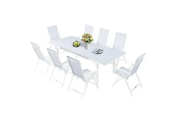 Clearance Garten-Essgruppe für 8 Personen, weiß/hellgrau, Alu/Sicherheitsglas, Tisch ausziehbar, Stühle klappbar Garten-Essgruppen|Aluminium-Gartenmöbel
