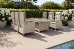 Clearance Garten-Essgruppe für 6 Personen, dessert-beige, Alu/Polyrattan, mit Feuertisch 200 x 100 cm, UV- & witterungsbeständig Garten-Essgruppen|Aluminium-Gartenmöbel