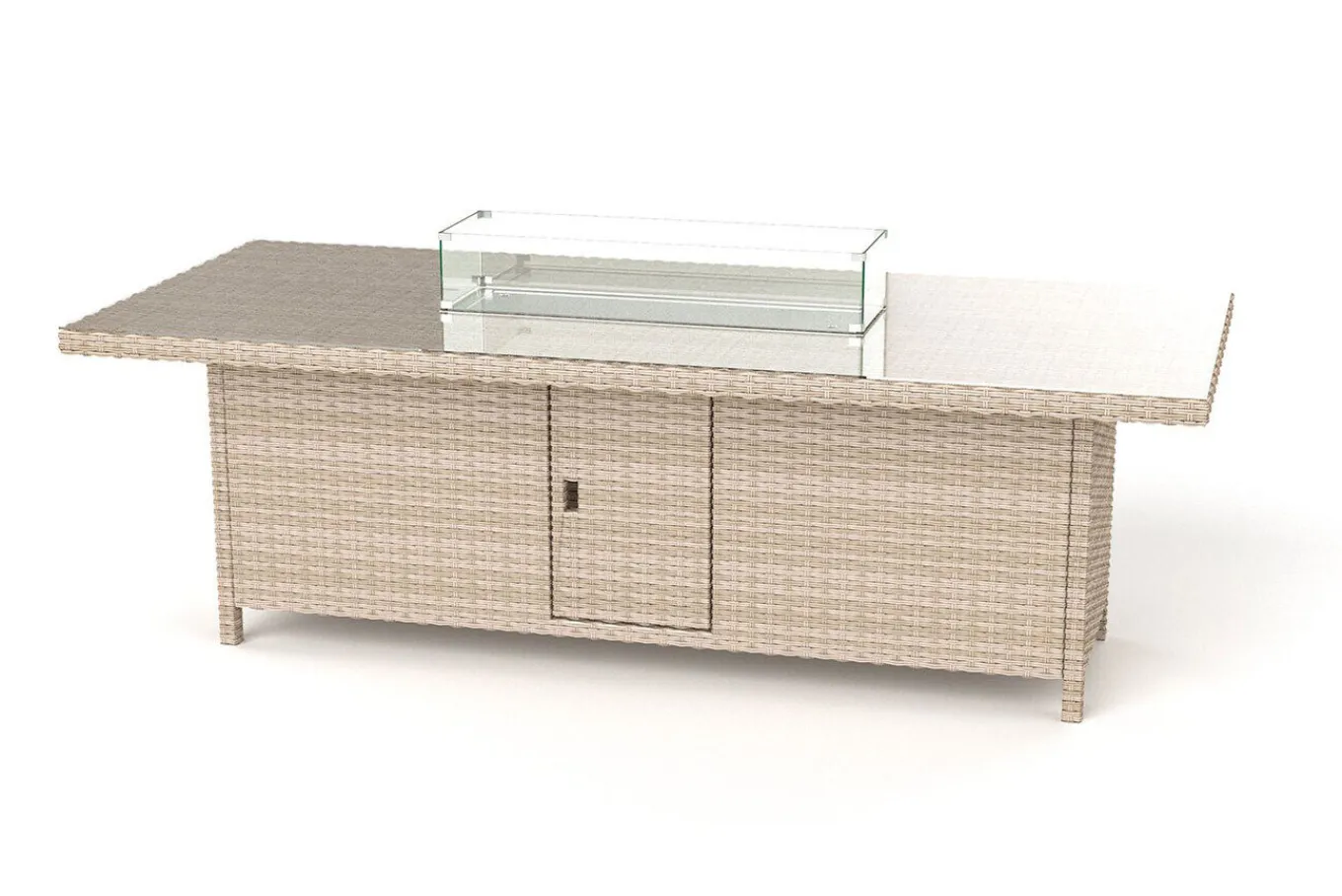 Clearance Garten-Essgruppe für 6 Personen, dessert-beige, Alu/Polyrattan, mit Feuertisch 200 x 100 cm, UV- & witterungsbeständig Garten-Essgruppen|Aluminium-Gartenmöbel