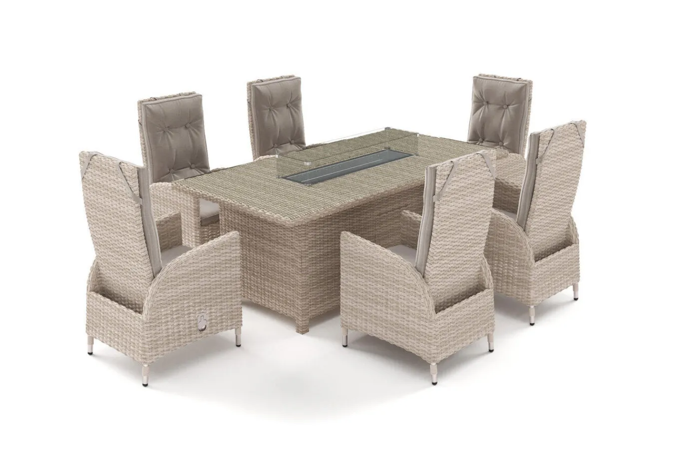 Clearance Garten-Essgruppe für 6 Personen, dessert-beige, Alu/Polyrattan, mit Feuertisch 200 x 100 cm, UV- & witterungsbeständig Garten-Essgruppen|Aluminium-Gartenmöbel