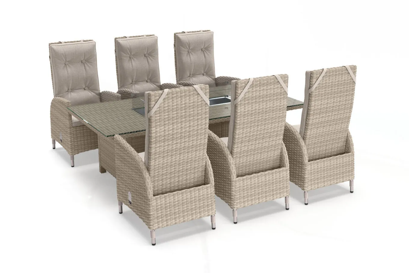Clearance Garten-Essgruppe für 6 Personen, dessert-beige, Alu/Polyrattan, mit Feuertisch 200 x 100 cm, UV- & witterungsbeständig Garten-Essgruppen|Aluminium-Gartenmöbel