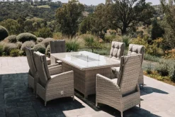 Clearance Garten-Essgruppe für 6 Personen, dessert-beige, Alu/Polyrattan, mit Feuertisch 200 x 100 cm, UV- & witterungsbeständig Garten-Essgruppen|Aluminium-Gartenmöbel