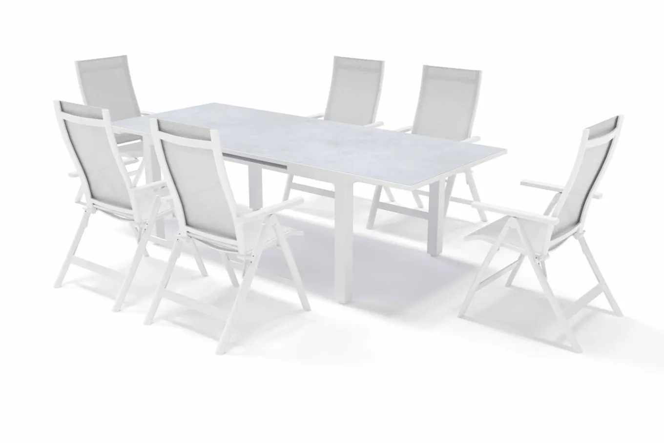 Garten-Essgruppe für 6 Personen, creme/weiß, Alu/Sicherheitsglas, Tisch ausziehbar 180/240 x 100 cm, Stühle klappbar Garten-Essgruppen|Aluminium-Gartenmöbel