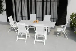 Garten-Essgruppe für 6 Personen, creme/weiß, Alu/Sicherheitsglas, Tisch ausziehbar 180/240 x 100 cm, Stühle klappbar Garten-Essgruppen|Aluminium-Gartenmöbel
