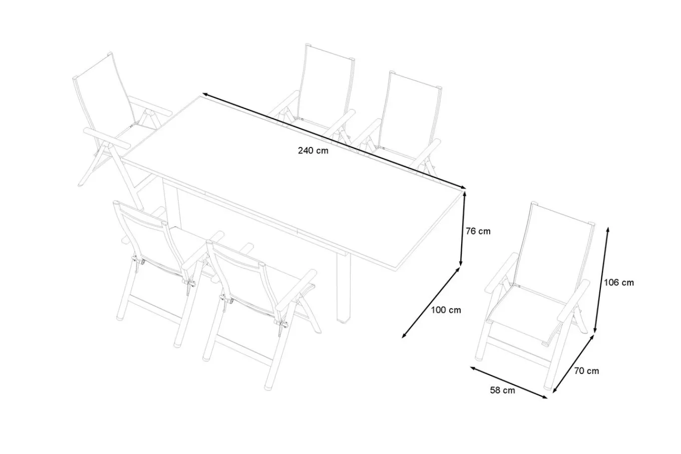 Garten-Essgruppe für 6 Personen, creme/weiß, Alu/Sicherheitsglas, Tisch ausziehbar 180/240 x 100 cm, Stühle klappbar Garten-Essgruppen|Aluminium-Gartenmöbel