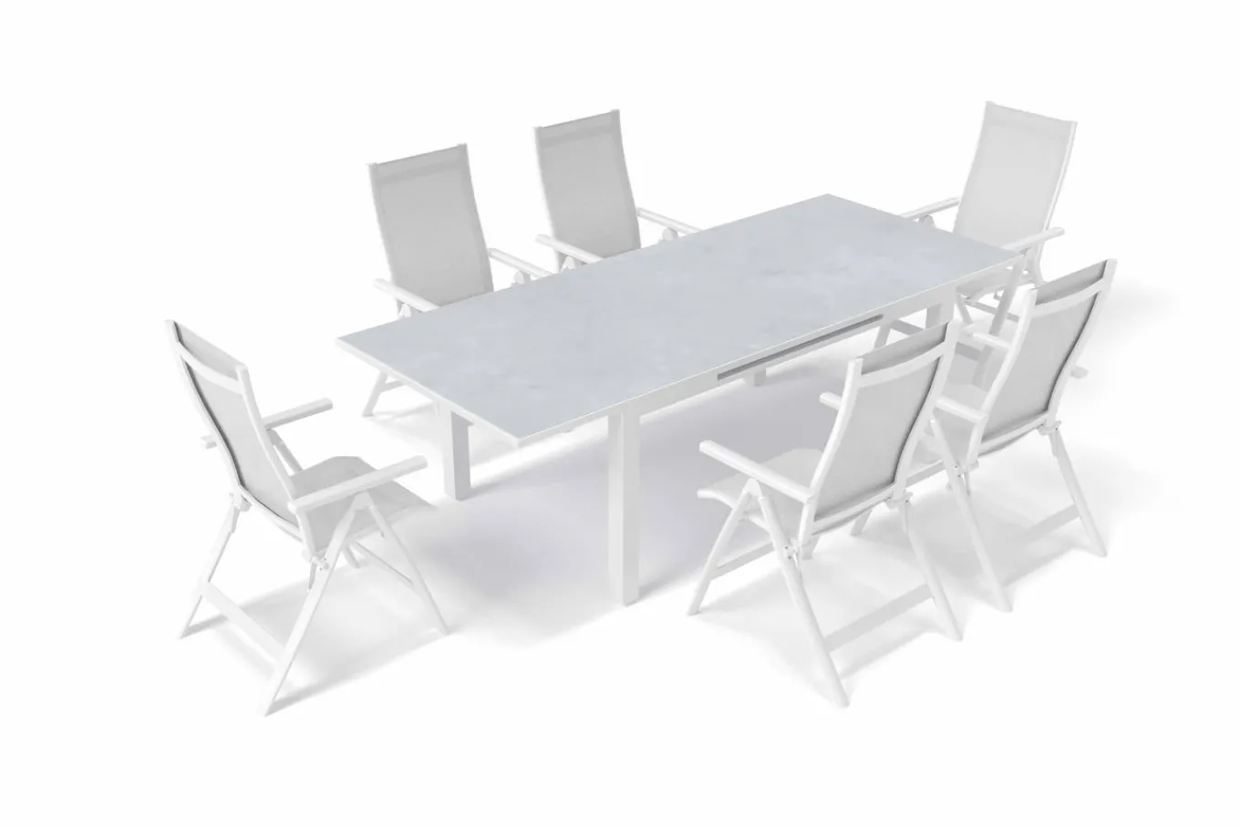 Garten-Essgruppe für 6 Personen, creme/weiß, Alu/Sicherheitsglas, Tisch ausziehbar 180/240 x 100 cm, Stühle klappbar Garten-Essgruppen|Aluminium-Gartenmöbel