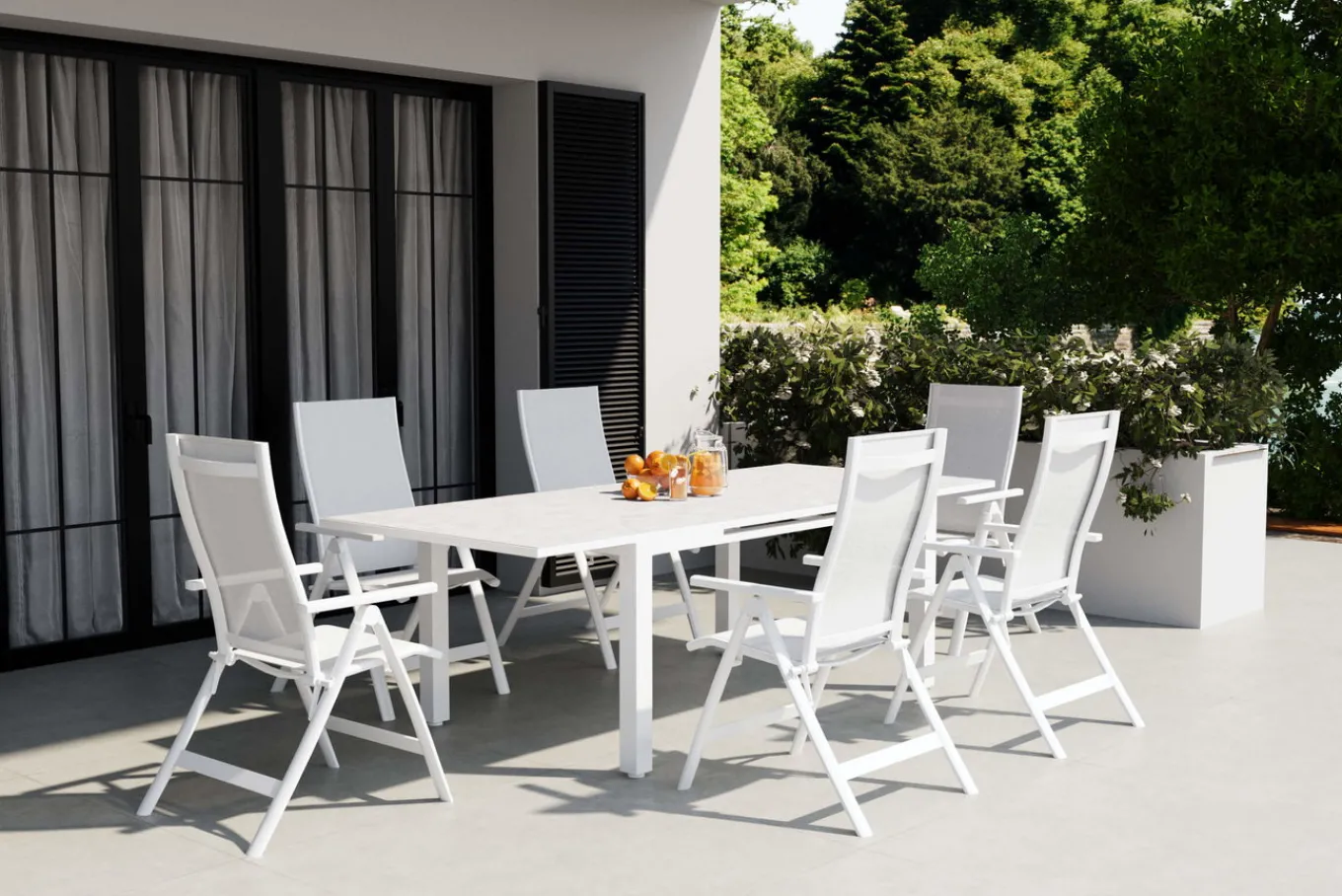 Garten-Essgruppe für 6 Personen, creme/weiß, Alu/Sicherheitsglas, Tisch ausziehbar 180/240 x 100 cm, Stühle klappbar Garten-Essgruppen|Aluminium-Gartenmöbel