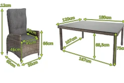 Clearance Garten-Essgruppe, grau, Polyrattan, Tisch 180x120cm, Spraystone, 8mm, 6 Dining Sessel, verstellbar Polyrattan-Gartenmöbel|Garten-Essgruppen