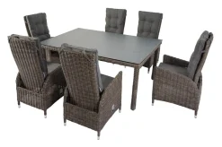 Clearance Garten-Essgruppe, grau, Polyrattan, Tisch 180x120cm, Spraystone, 8mm, 6 Dining Sessel, verstellbar Polyrattan-Gartenmöbel|Garten-Essgruppen