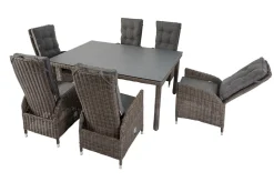 Clearance Garten-Essgruppe, grau, Polyrattan, Tisch 180x120cm, Spraystone, 8mm, 6 Dining Sessel, verstellbar Polyrattan-Gartenmöbel|Garten-Essgruppen