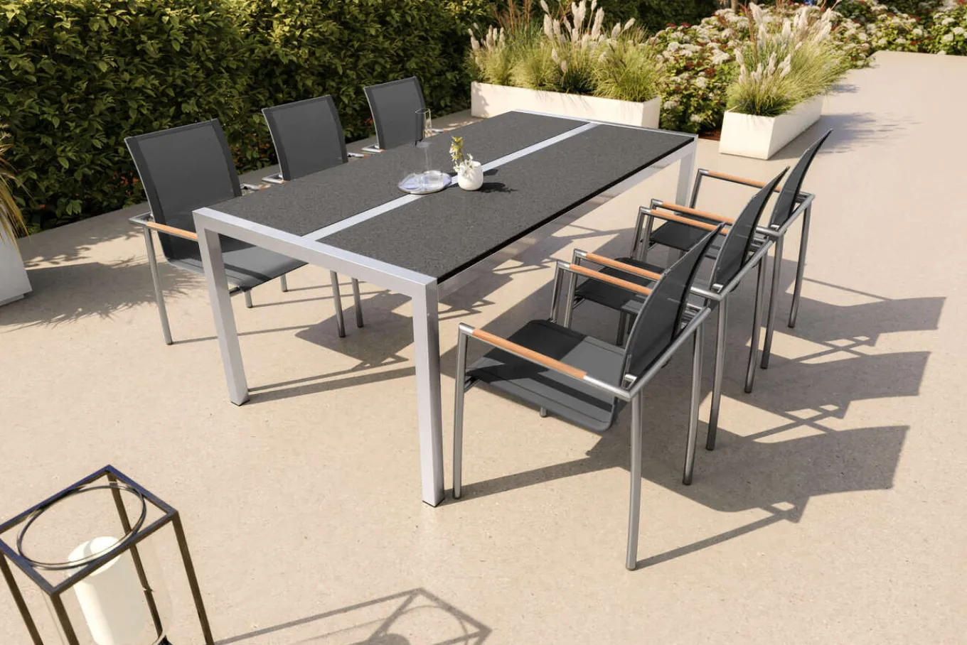 Best Gartenessgruppe, Grau, Edelstahl/Glaskeramik/FSC-Teakholz, Tisch 200x100cm, 6 Diningsessel, Stapelbar, Kratzfest Garten-Essgruppen|Edelstahl-Gartenmöbel
